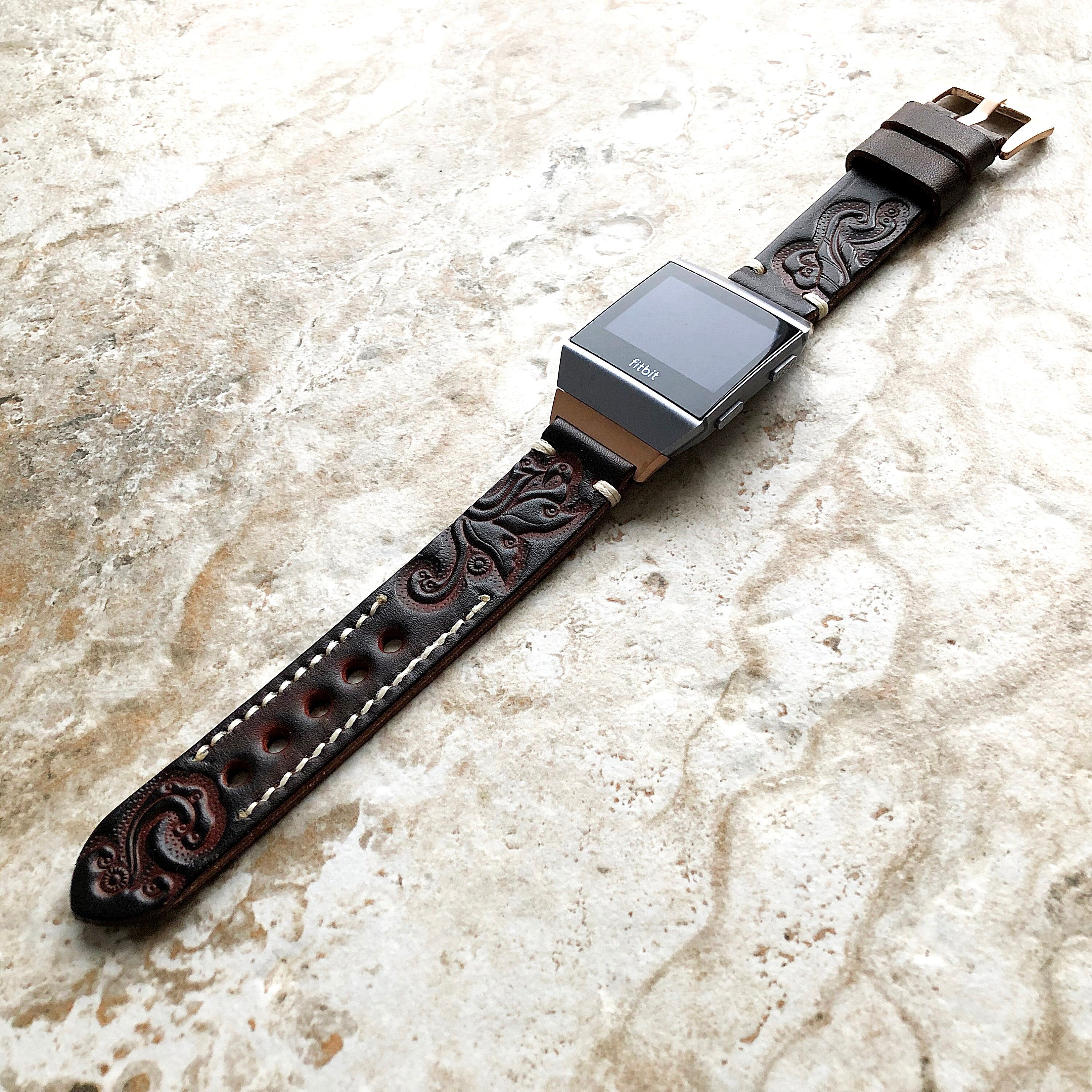 Fitbit Ionic Dark Brown Tooled Embossed Handmade Leather Bracelet for Watch Band Strap with Quick Release Adapters Silver Rose Gold Black